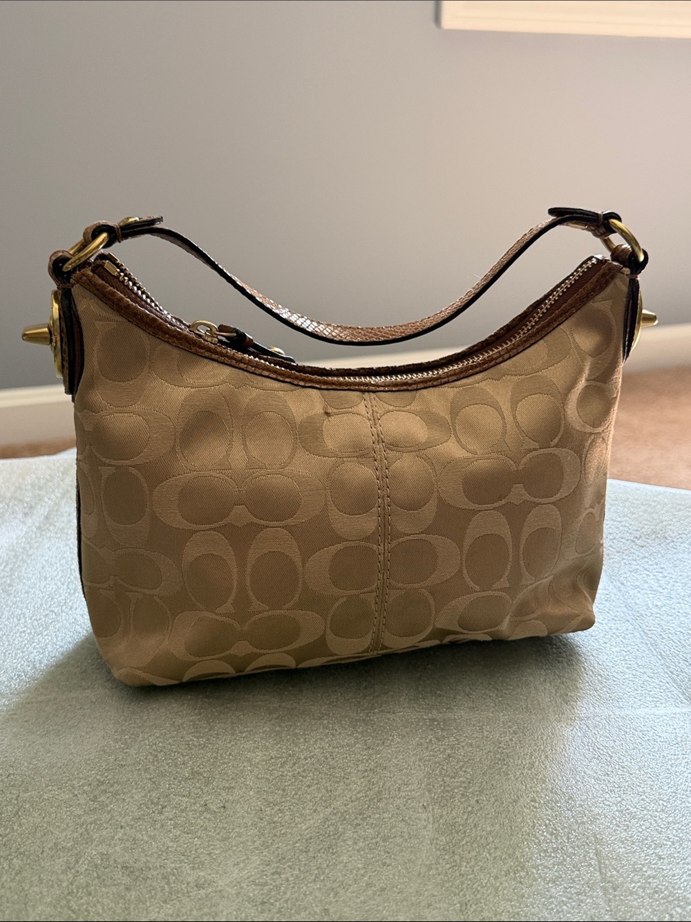 Coach Tan Signature Jacquard Small Shoulder Bag with Brown Trim
